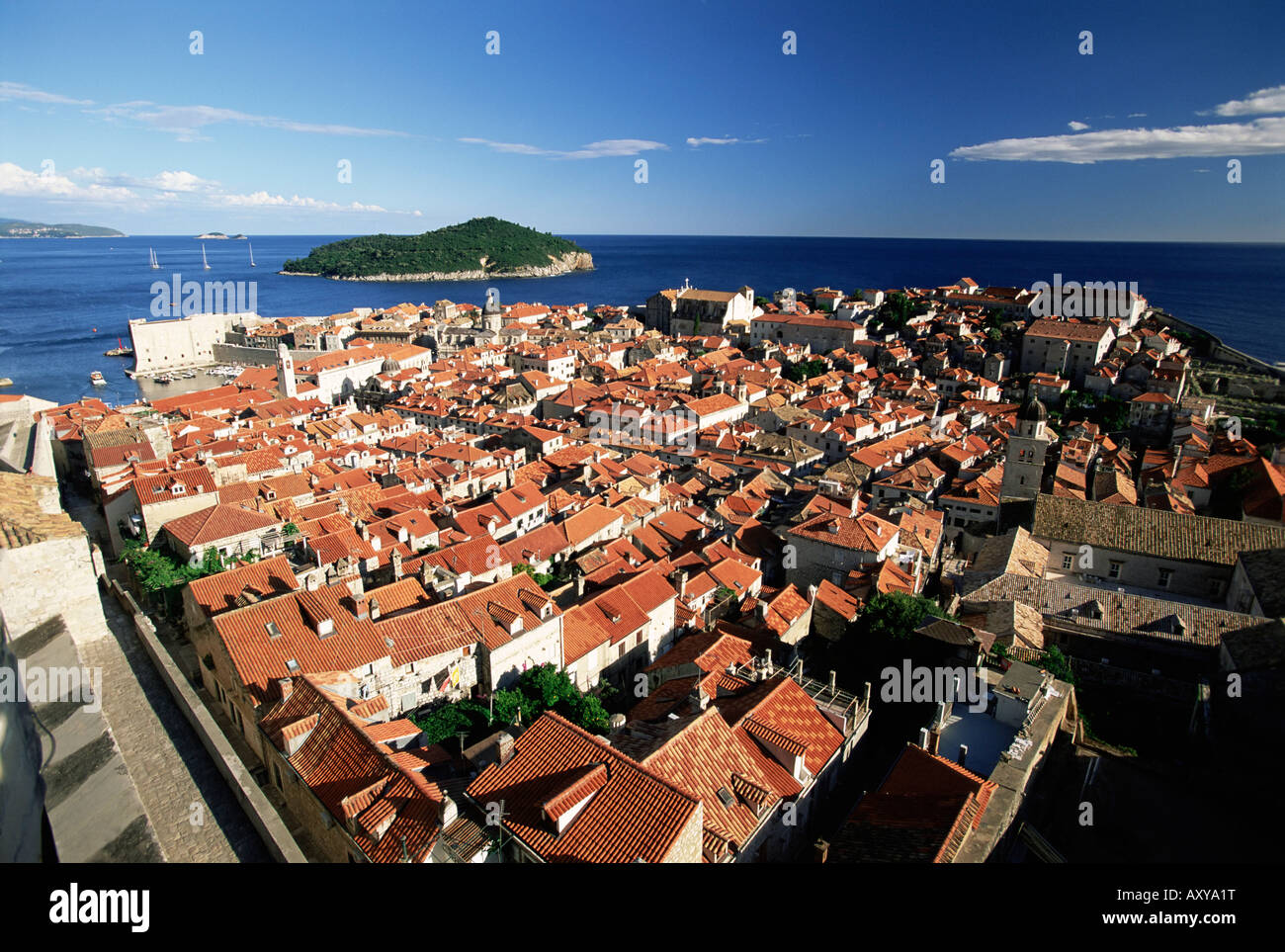 Elevated view of Dubrovnik from the city walls, Dubrovnik, UNESCO World Heritage Site, Dalmatia, Croatia, Europe Stock Photo