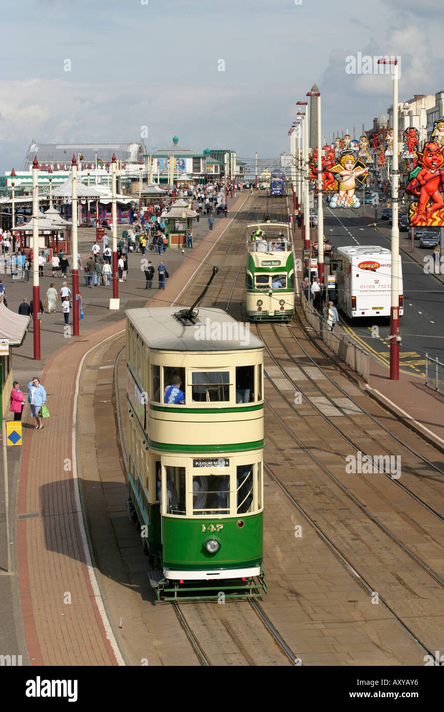 tram on sea front at blackpool Stock Photo