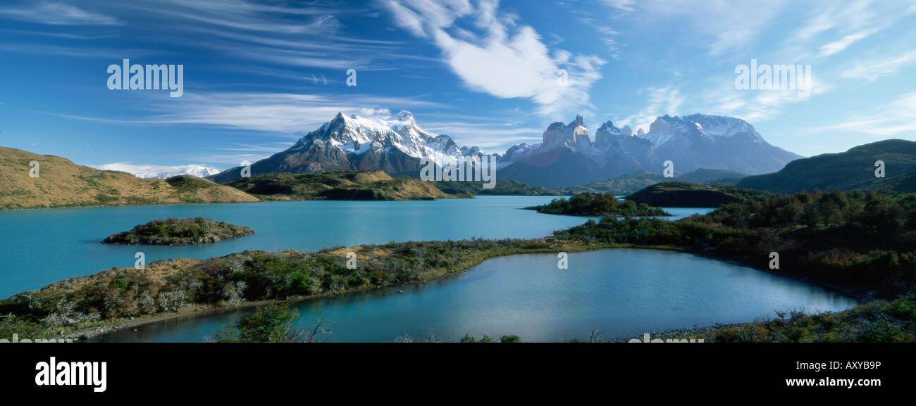 Cuernos del Paine rising up above Lago Pehoe, Torres del Paine National Park, Patagonia, Chile, South America Stock Photo