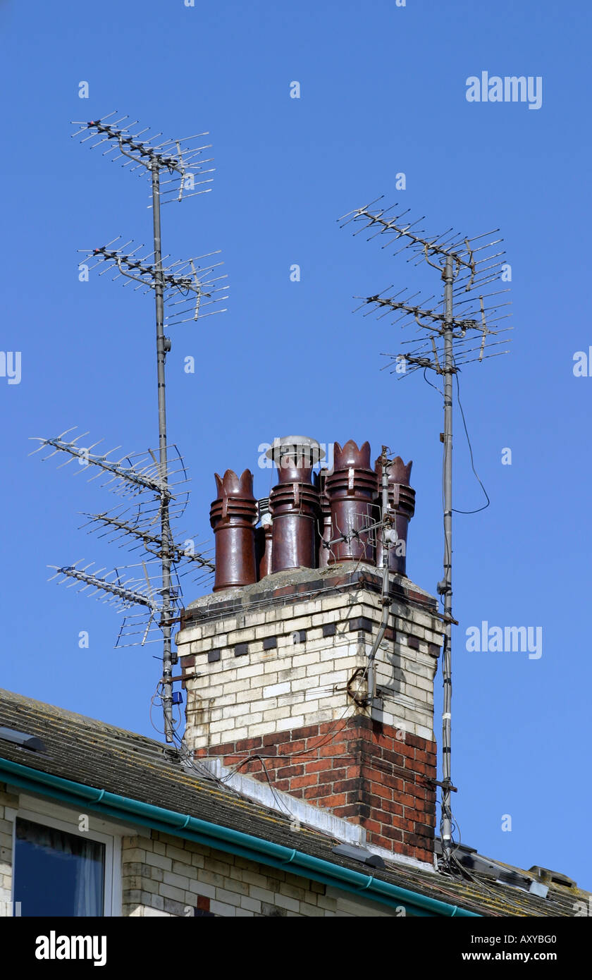 chimmny pots and tv ariels in Filey north yorkshire Stock Photo
