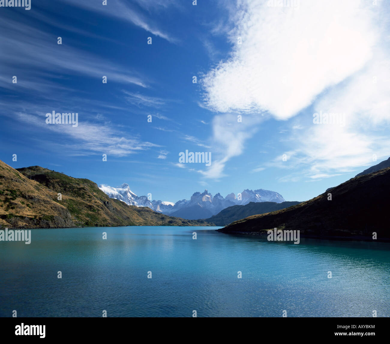 Cuernos del Paine rising up above Rio Paine, Torres del Paine National Park, Patagonia, Chile, South America Stock Photo