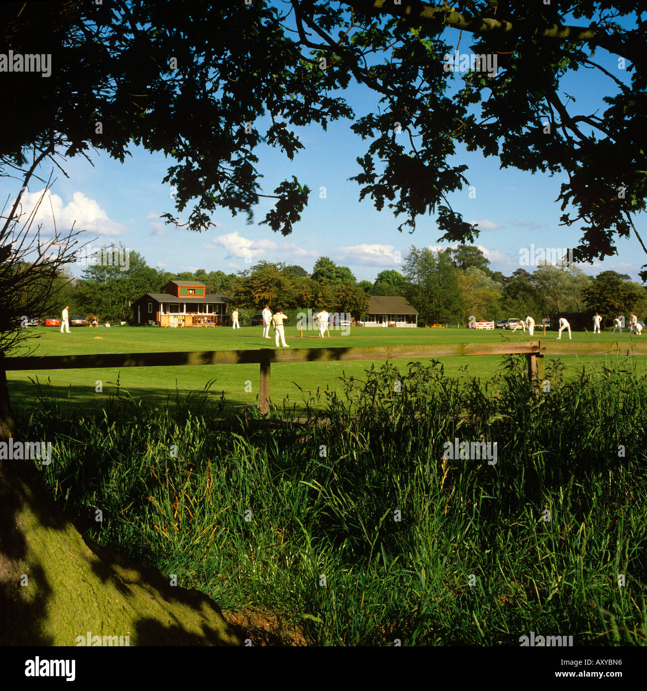 UK Cheshire Cholmondeley Castle Cricket Ground game in progress Stock Photo