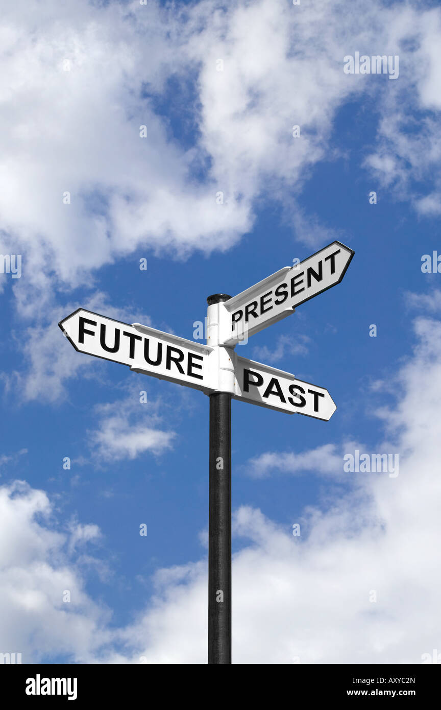Concept image of Future Past Present on a signpost against the sky Stock Photo