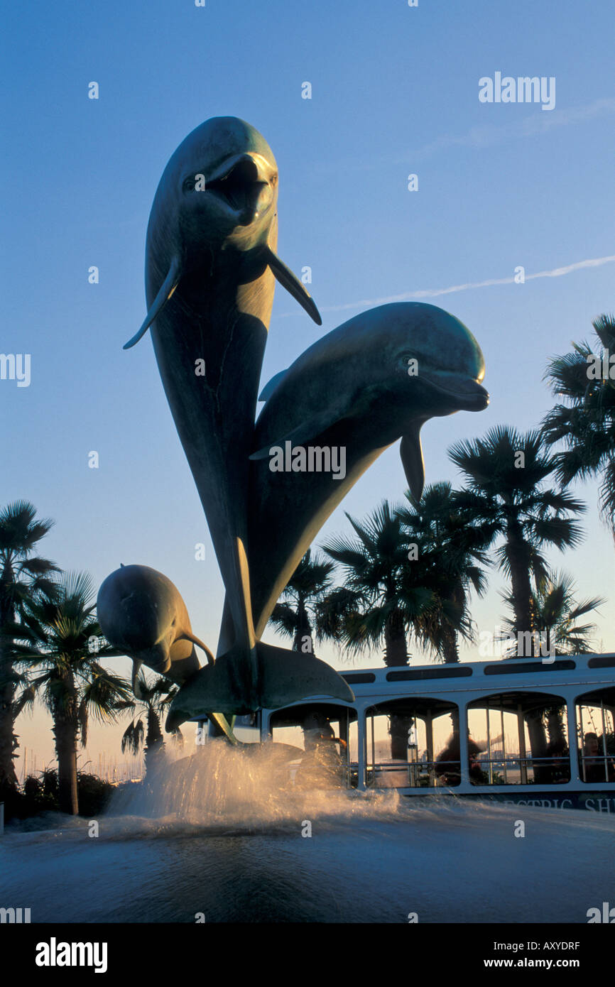 Dolphin Friendship Statue water fountain at the base of Stearns Wharf