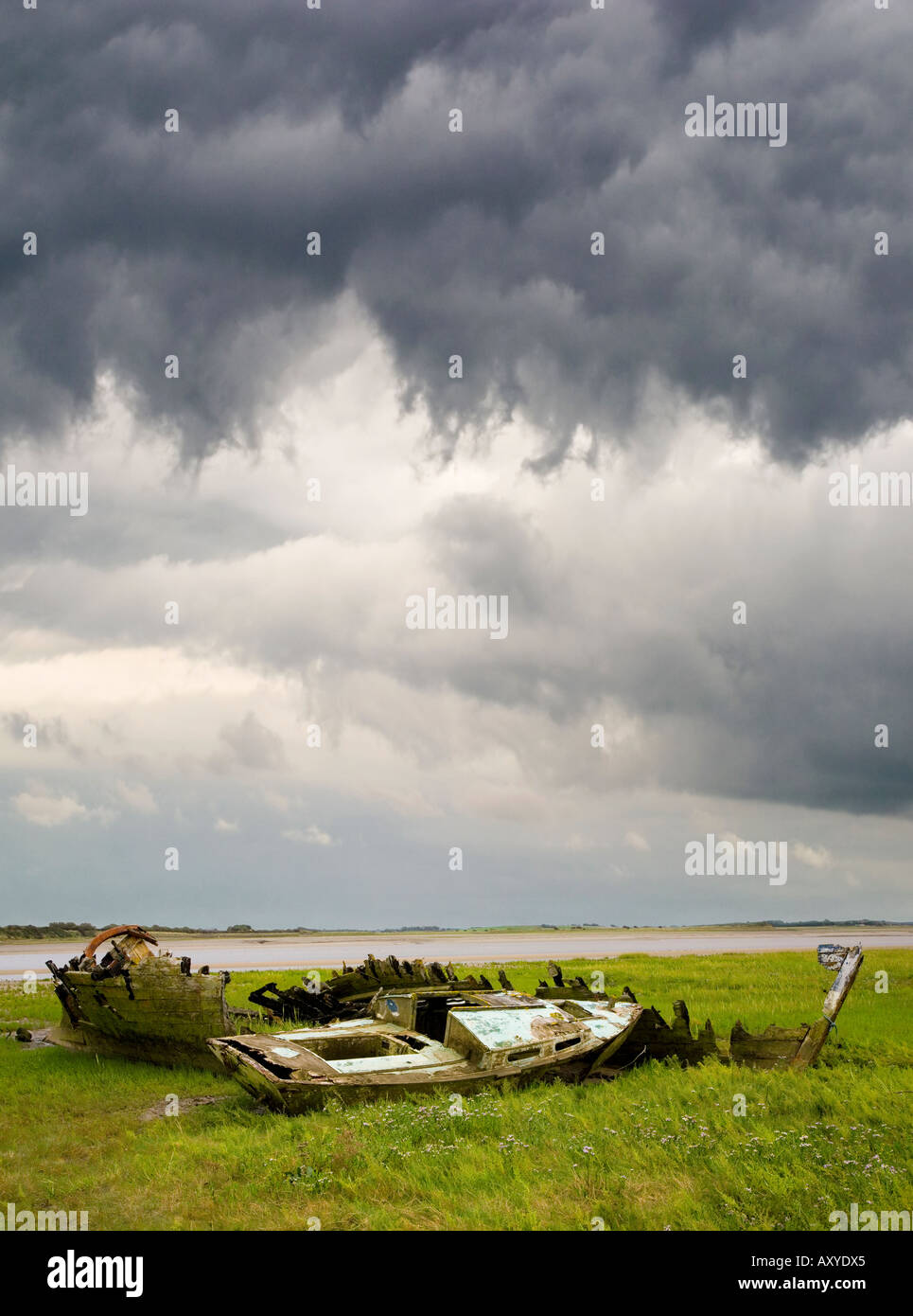 Wrecked wooden boats on the Wyre Estuary Lancashire England Stock Photo