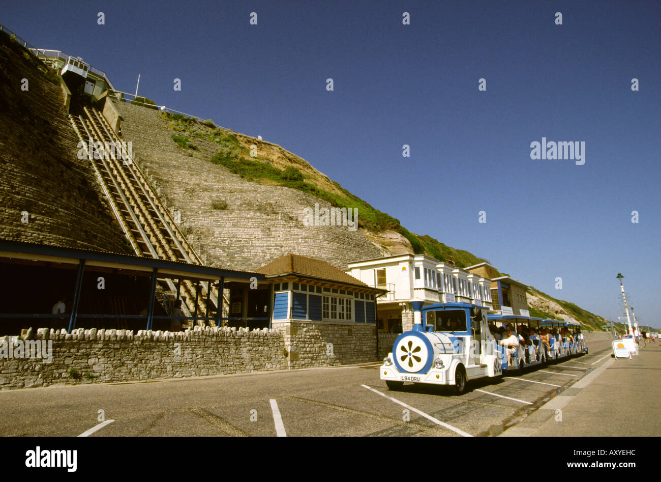 UK Dorset Bournemouth promenade land train and cliff railway Stock Photo