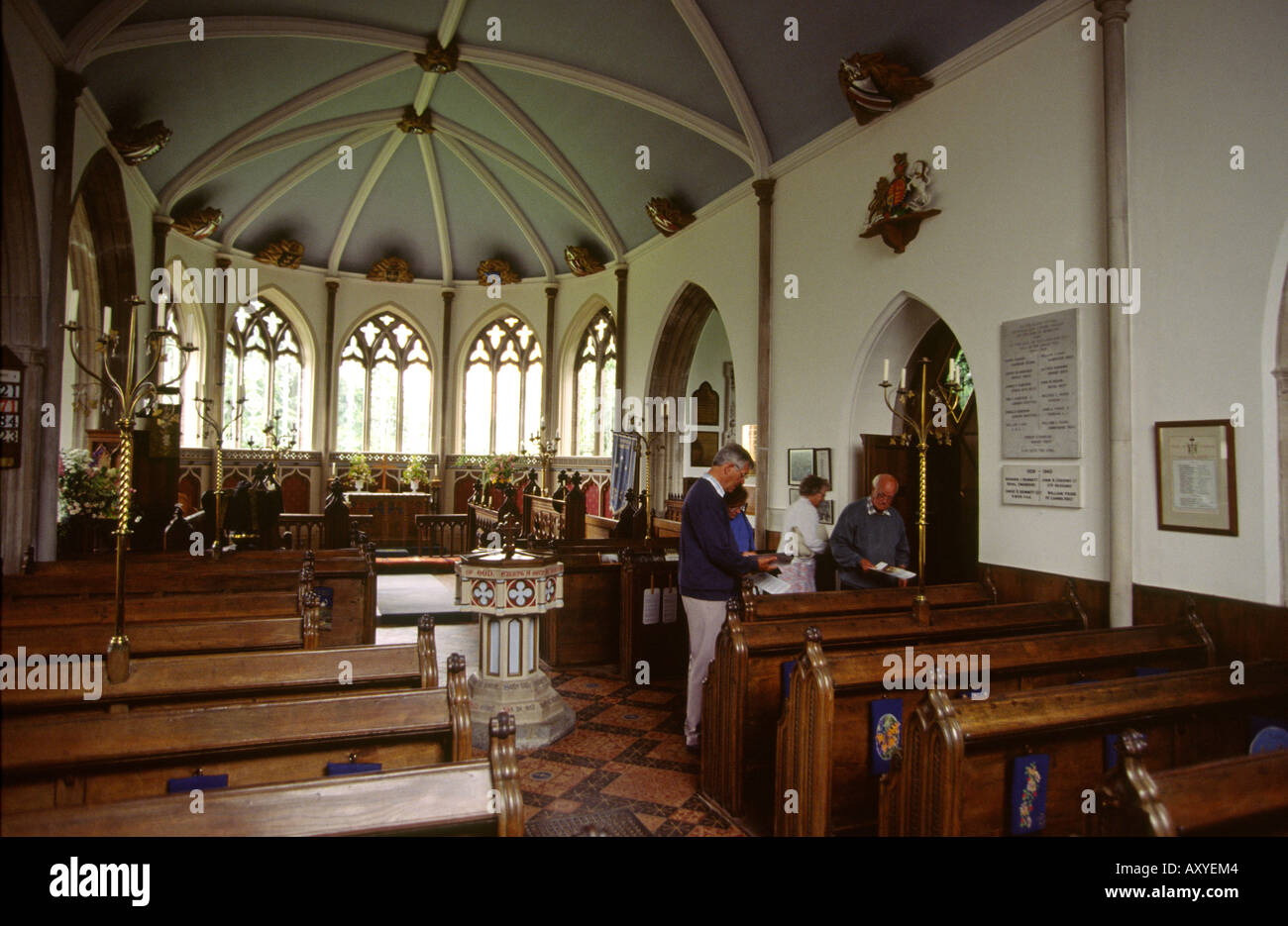 UK Dorset Moreton Church with windows by Laurence Whistler interior