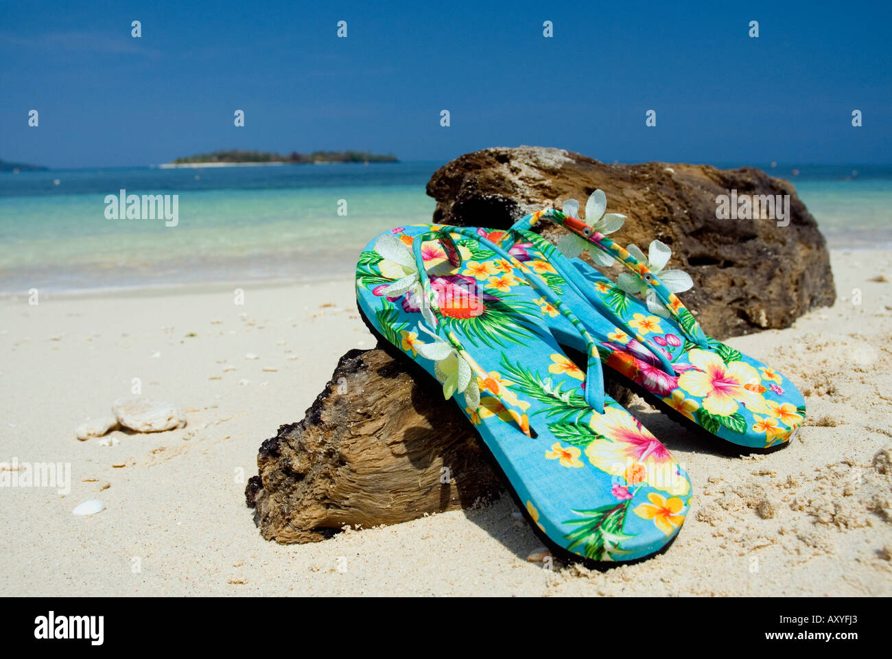 Pair of sandals flip flops on tropical beach blue sky tropics Stock ...