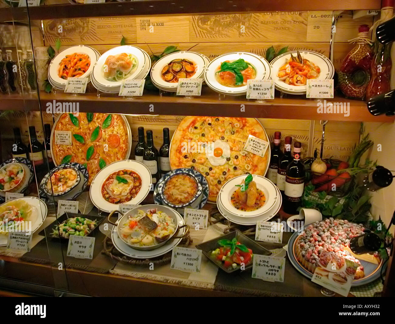 Plastic food in the window display of an Italian style restaurant Tokyo