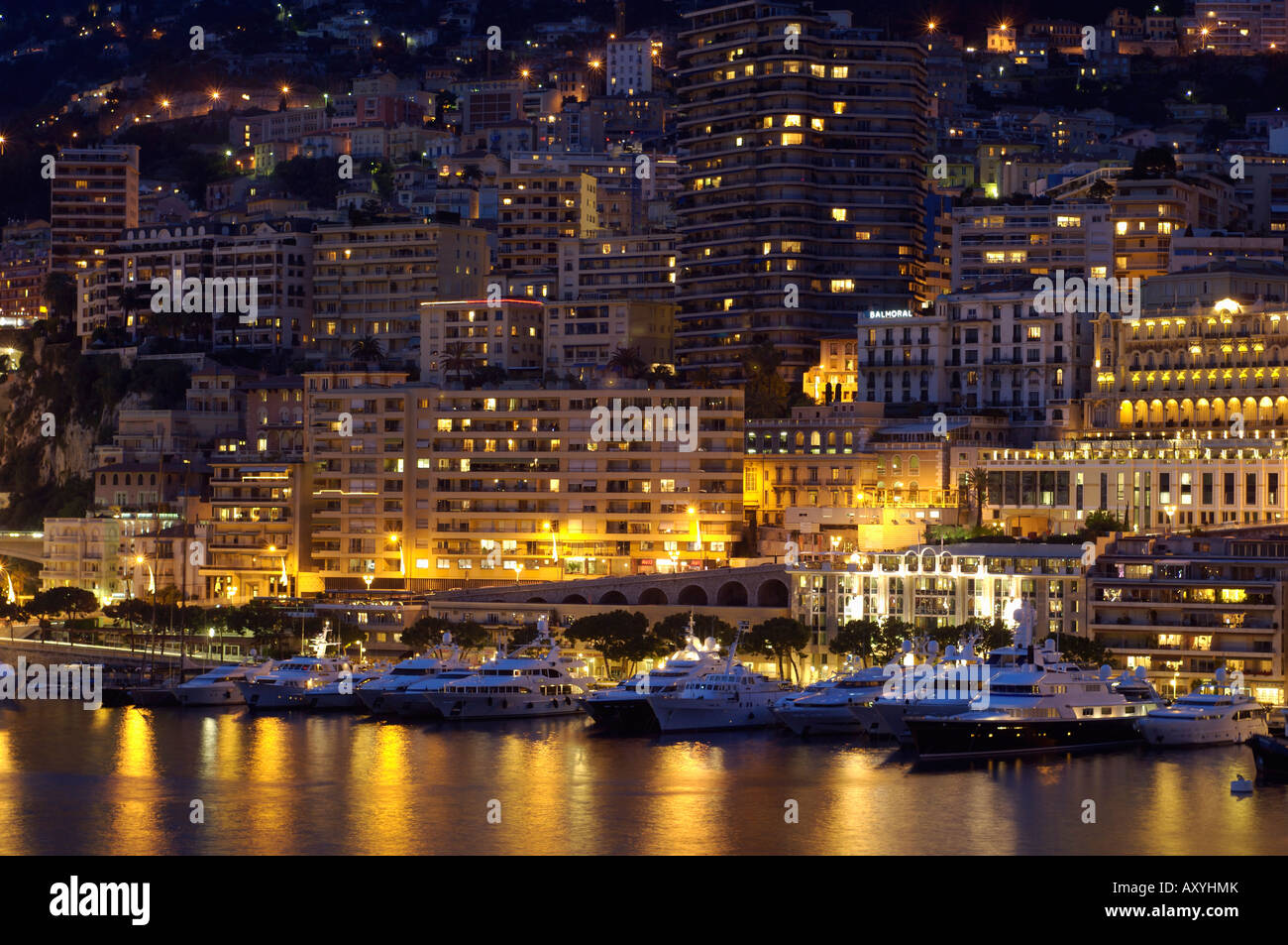 Waterfront at night, Monte Carlo, Principality of Monaco, Cote d'Azur, Mediterranean, Europe Stock Photo