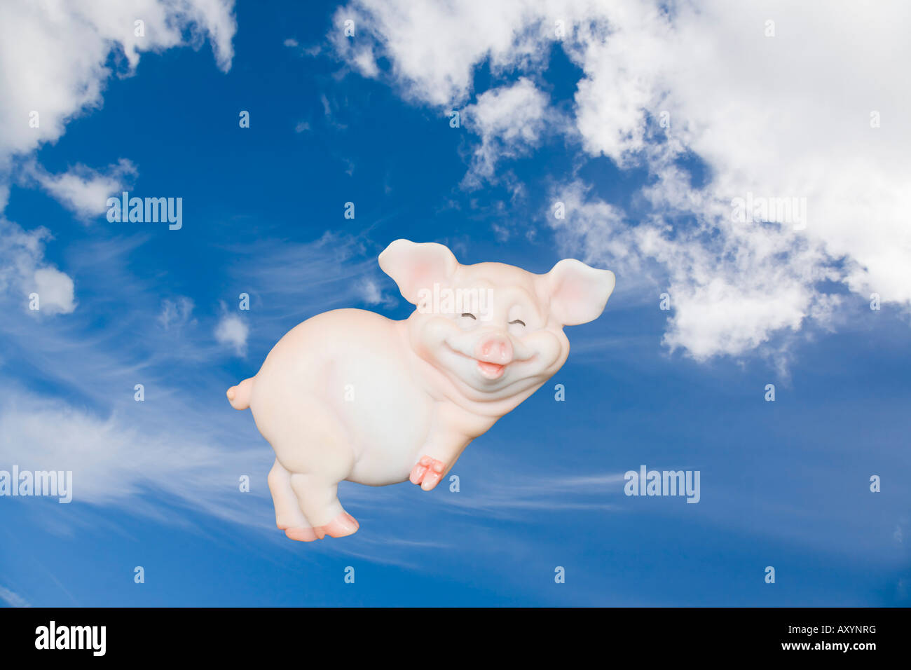 Pigs might fly concept catch phrase pig flying across blue sky with
