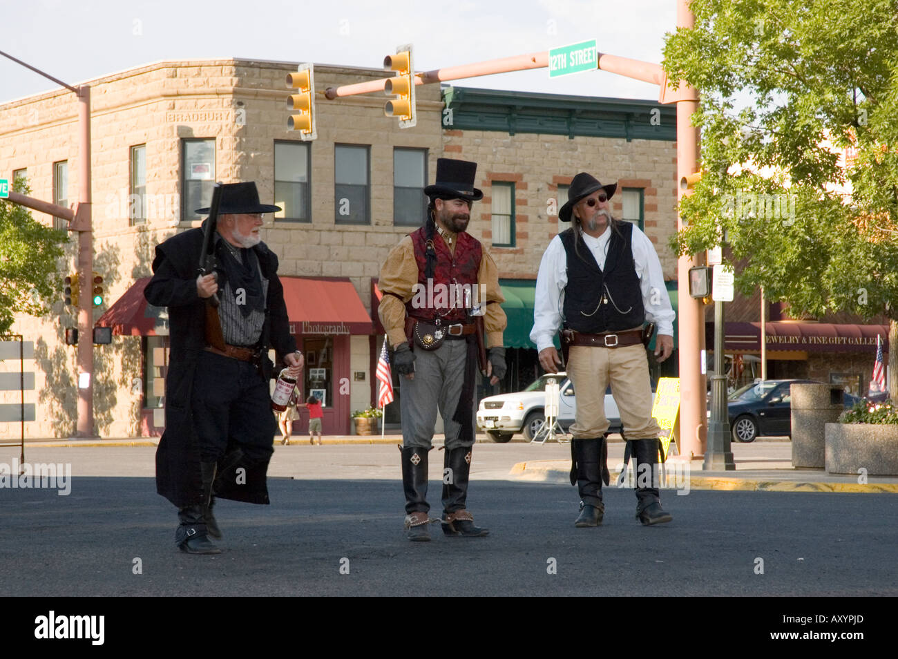 Gunfight reenactment Small western town of Cody Park County Wyoming Western USA gateway to Yellowstone National Park Named after Stock Photo