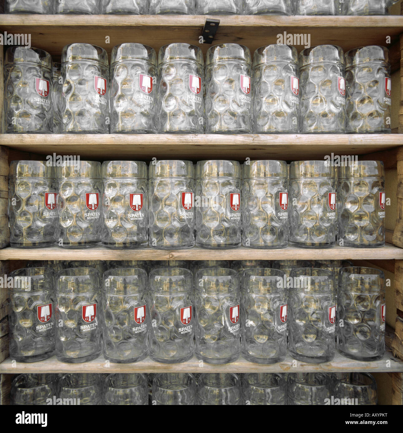 geography / travel, Germany, Bavaria, Munich, Oktoberfest, beer tent, rack with empty beer mugs, Spaten, Europe, beer mug, fresh Stock Photo