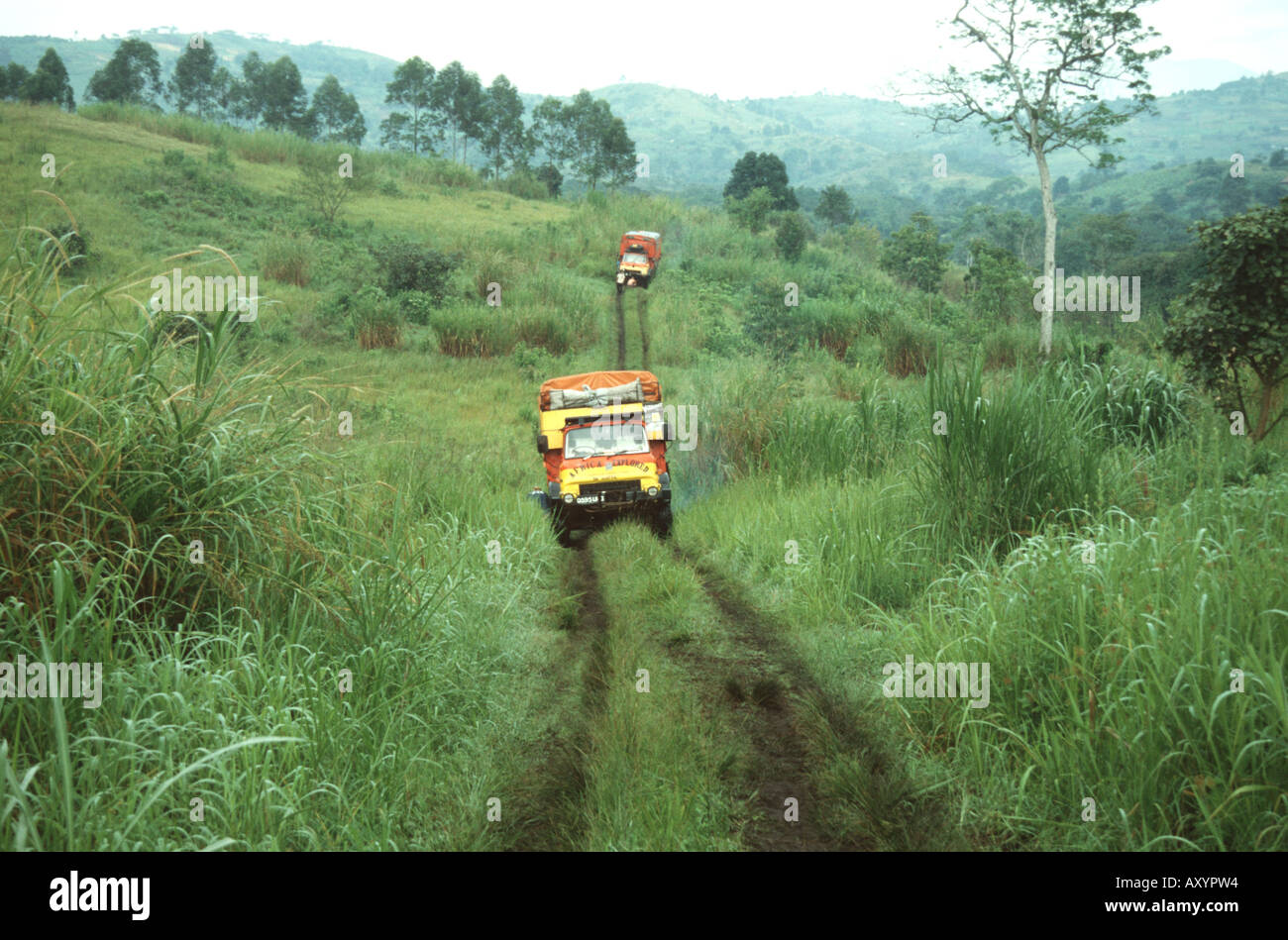 trucks in the terrain, Uganda, Fort Portal Stock Photo