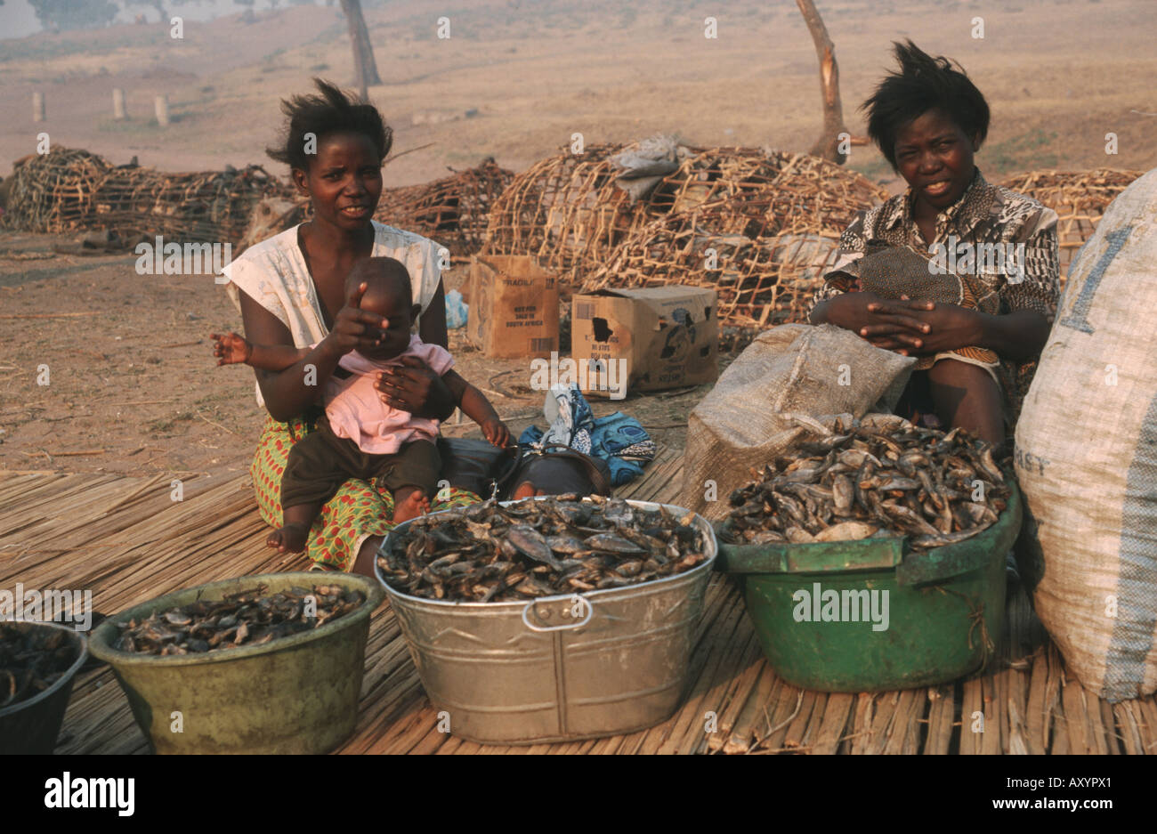 two young women selling dried fish, Zambia, Western Sambia, Mongu Stock Photo