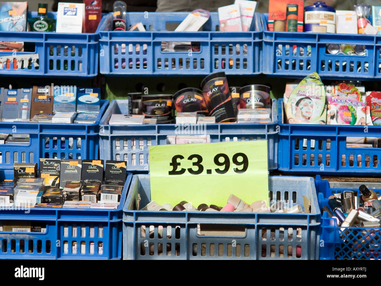 Items priced at" three pounds and ninety nine" pence on a market stall Stock Photo