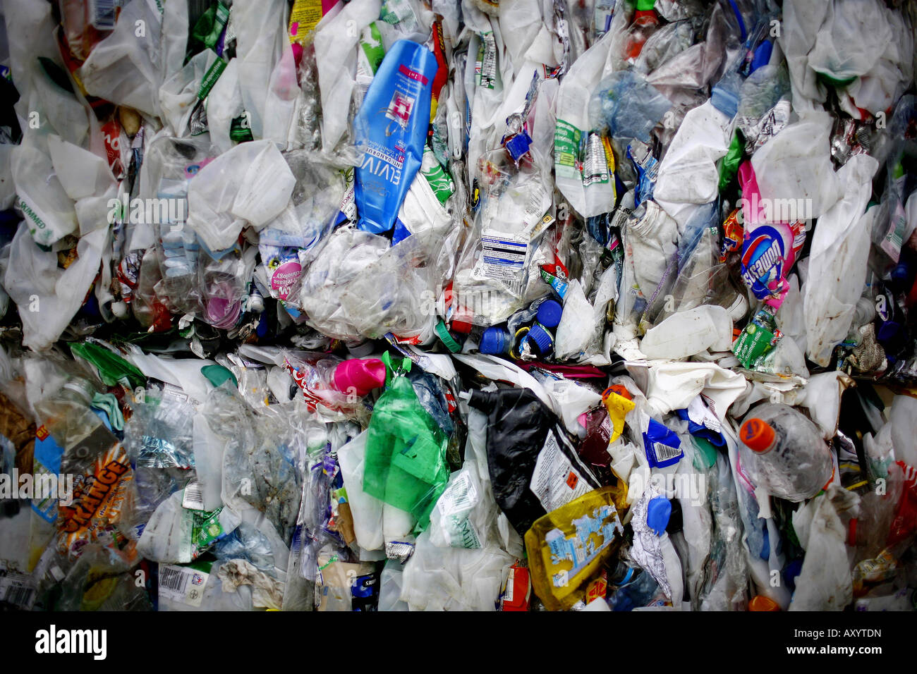 A bail of processed plastic bottles before being transported to a
