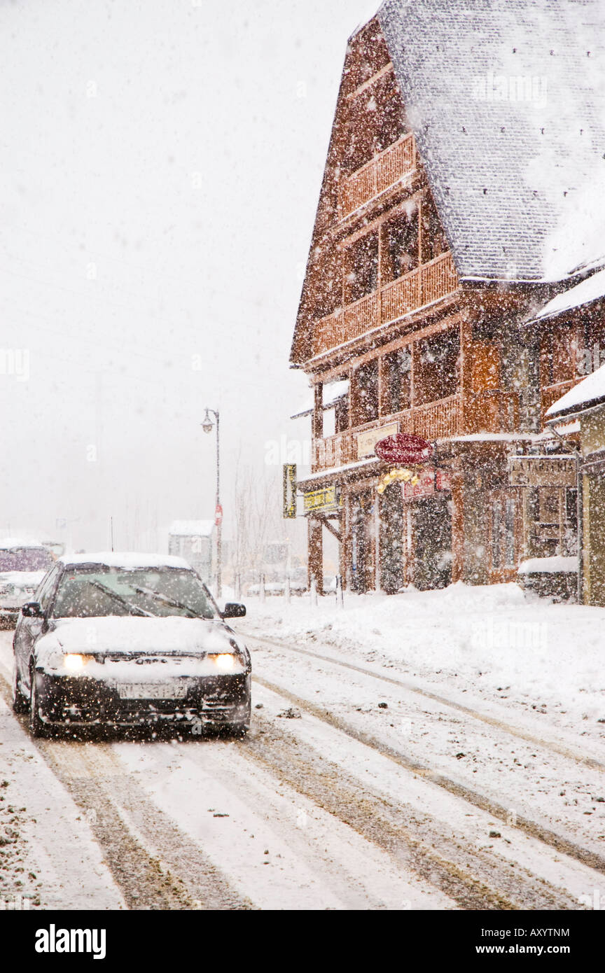 Blizzard conditions in the town of Arties Vall d Aran in the Spanish Pyrenees Stock Photo