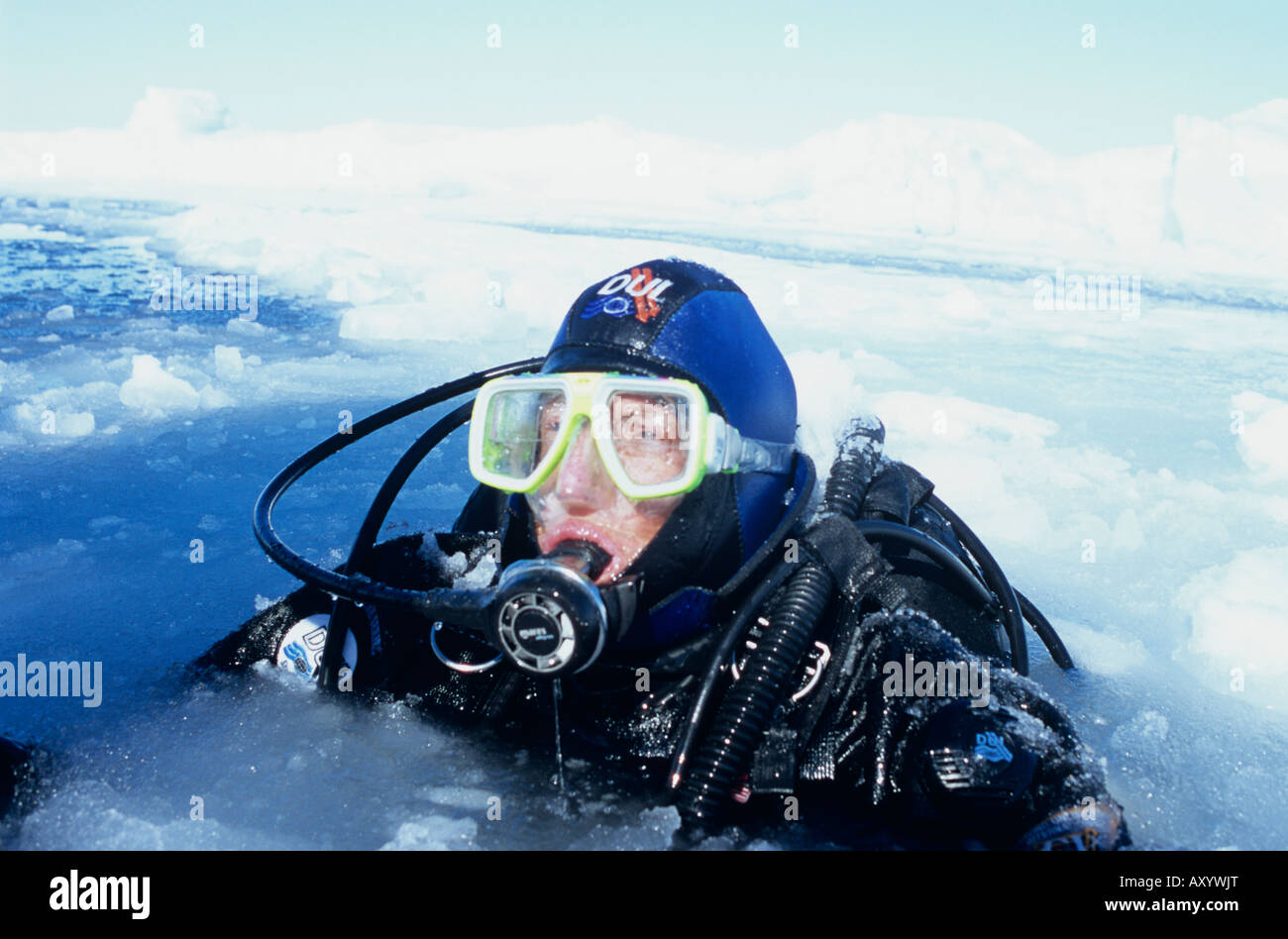 Diver ready to dive below arctic sea ice in Lancaster sound, Canada Stock Photo