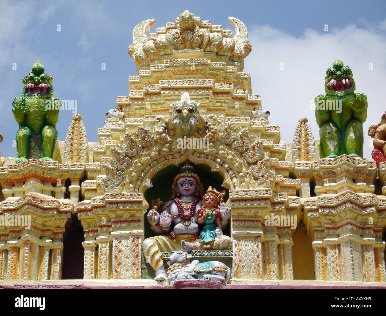 Big and richly decorated tempel with figures of Gods, India, Karnataka, Bangalore Stock Photo