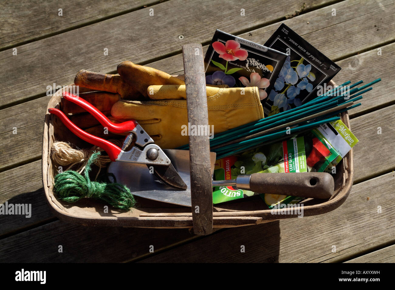 Garden Tools and Wooden Trug containing gardening implements Stock