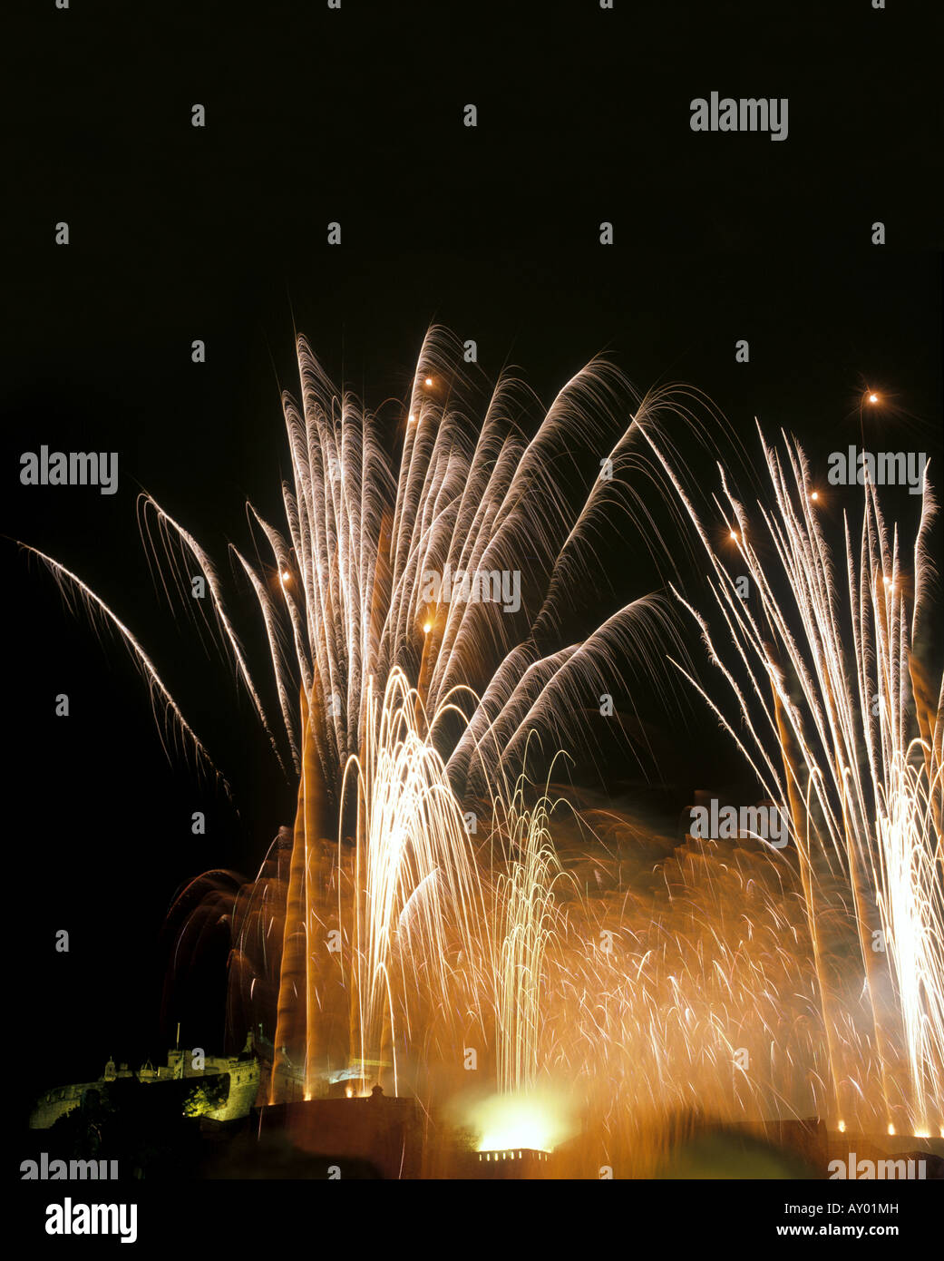 Fireworks display over Edinburgh Castle Scotland with space for caption against black sky Stock Photo