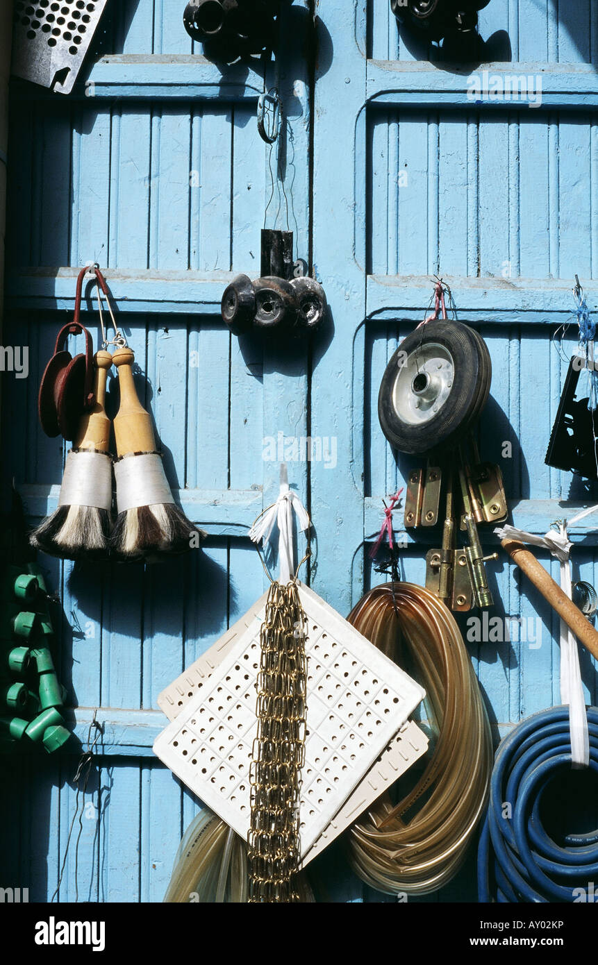 Products for sale at a hardware store in Chefchaouen Morocco Stock Photo