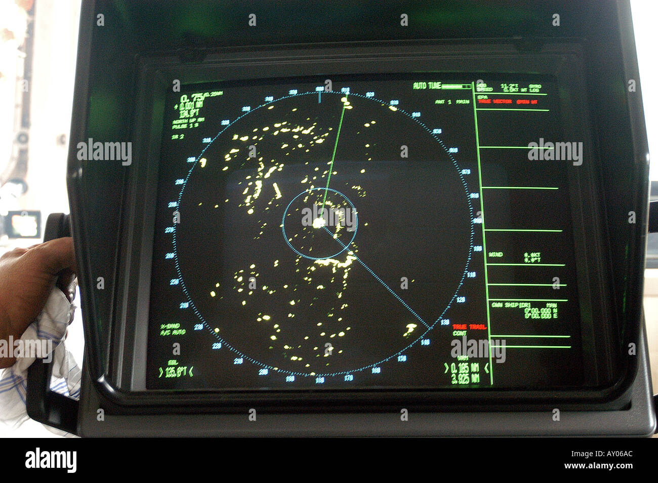 Radar for navigation indicating position of vessels on small merchant ship Bombay Mumbai Maharashtra India Asia Stock Photo