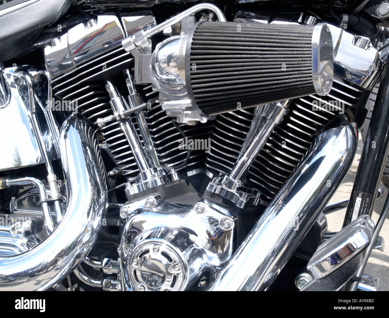 Shiny polished Harley Davidson v twin engine with lots of chrome and an aftermarket air filter Stock Photo