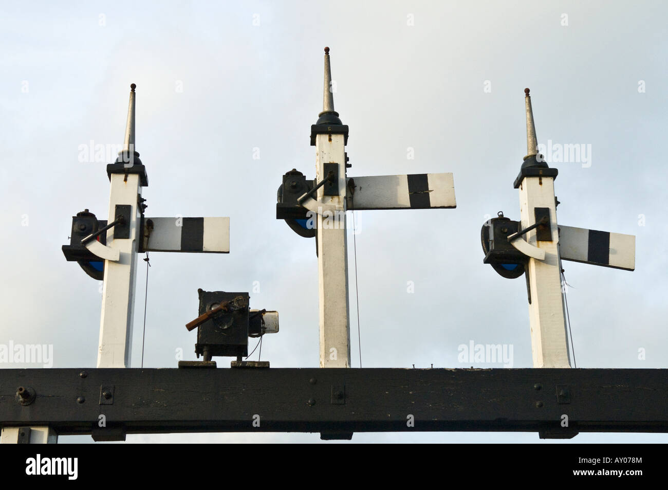 Old style trackside railway signals. Stock Photo