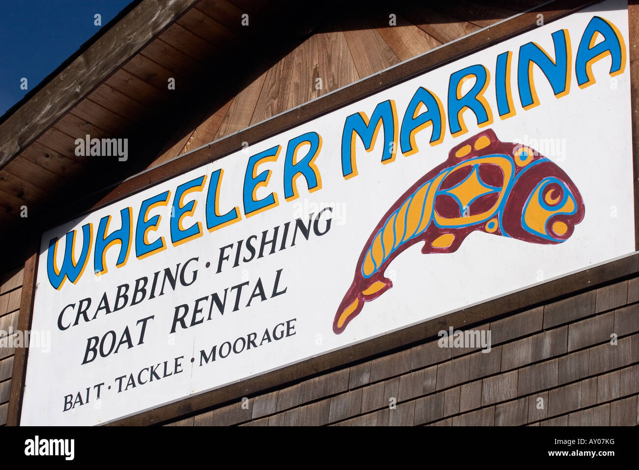 Sign for the Wheeler Marina on the Oregon coast Stock Photo Alamy