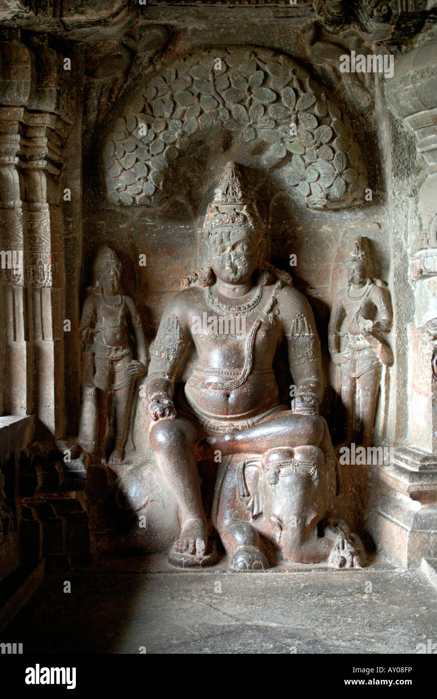 Cave 32 : Indra Sabha upper floor. Maitreya on elephant. Opposite Yakshi Siddhayika. Ellora Caves, Aurangabad, Maharashtra Stock Photo