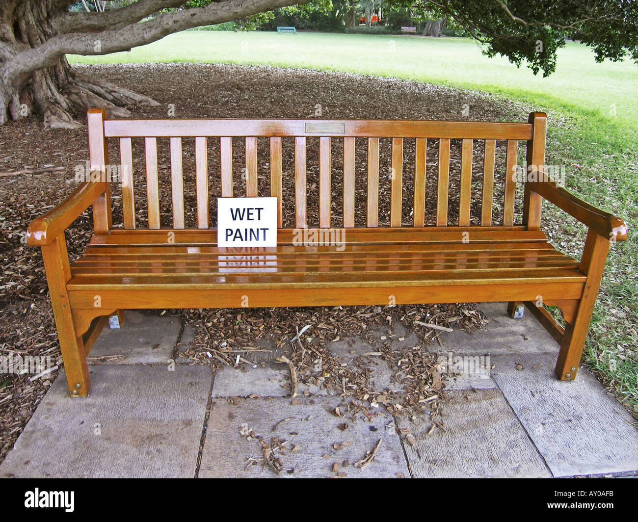 Wet Paint Sign On Park Bench Botanic Gardens Sydney Australia