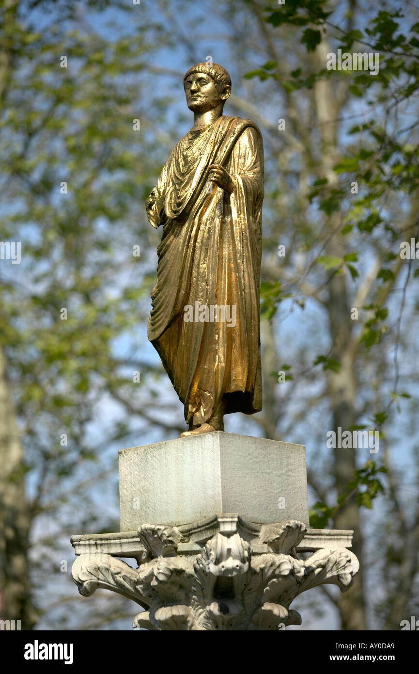 Slovenia Ljubljana Congress Square gilded Statue of Citizen of Emona unearthed 1836 Stock Photo