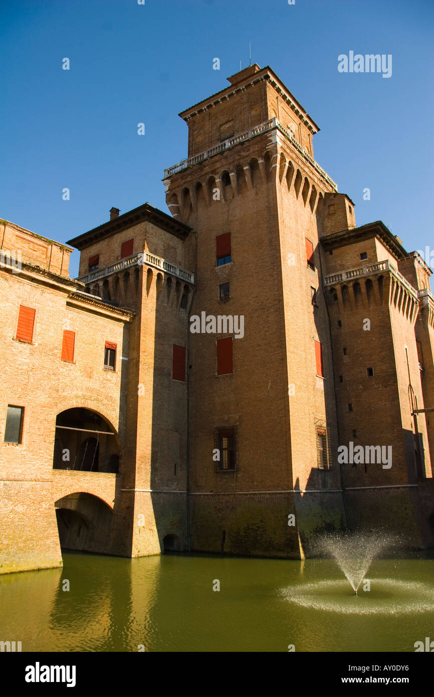 Castle, Ferrara, Estensi, large, illuminated, pond, windows, arches, porches, tiles, fountain, medieval, ancient Stock Photo