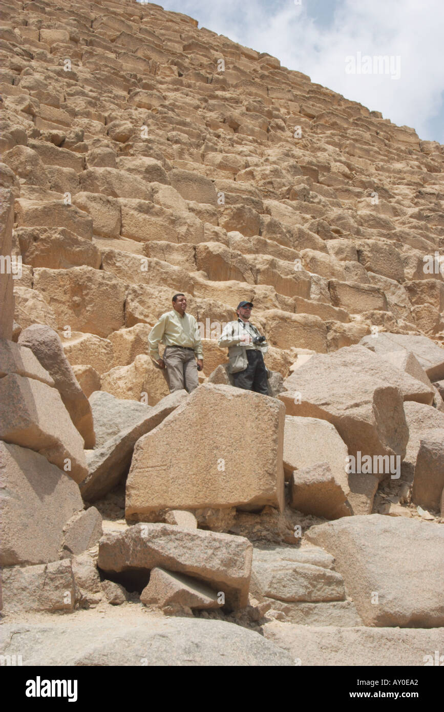 Archeologist David Rohl and Egyptian Guide Amgad at Menkaure Mycerinus Pyramid Giza Plateua Egypt Stock Photo