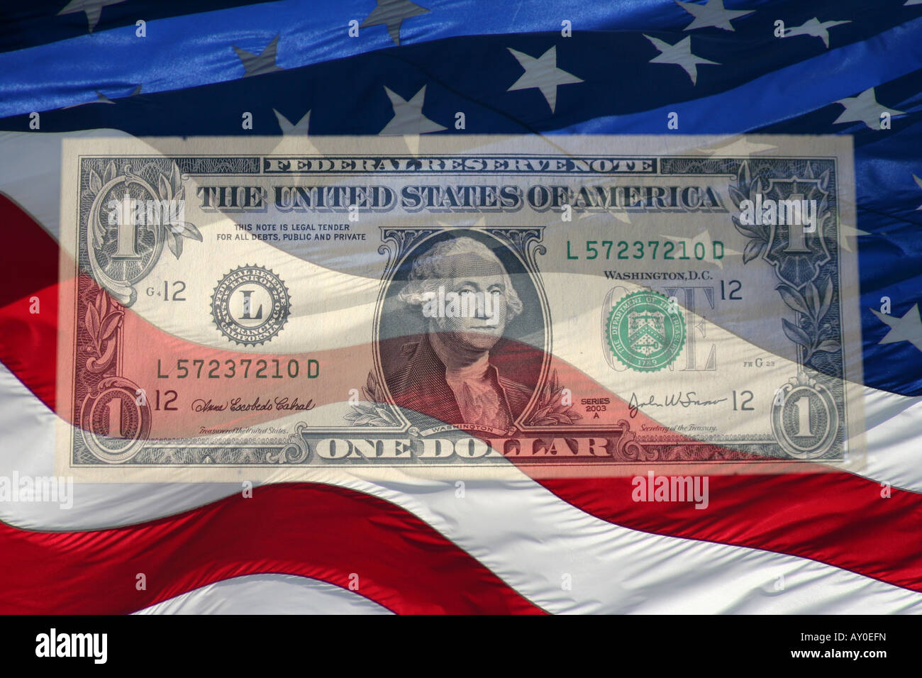 a dollar bill with an american flag background Stock Photo