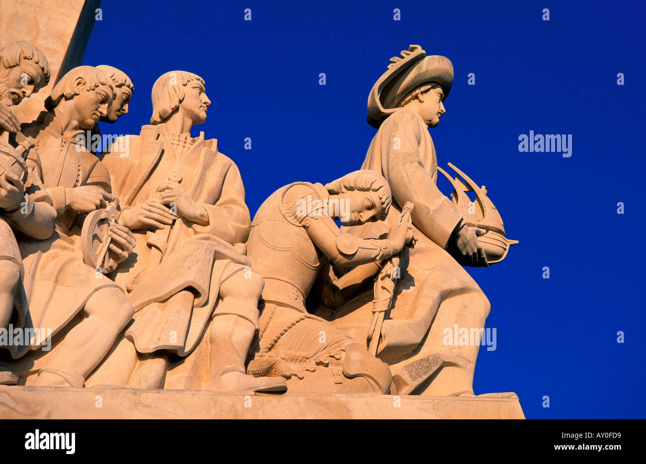 Detail of the Monument of Discoveries with Henry the Navigator followed by Vasco da Gama and others Belem Lisbon Portugal Stock Photo