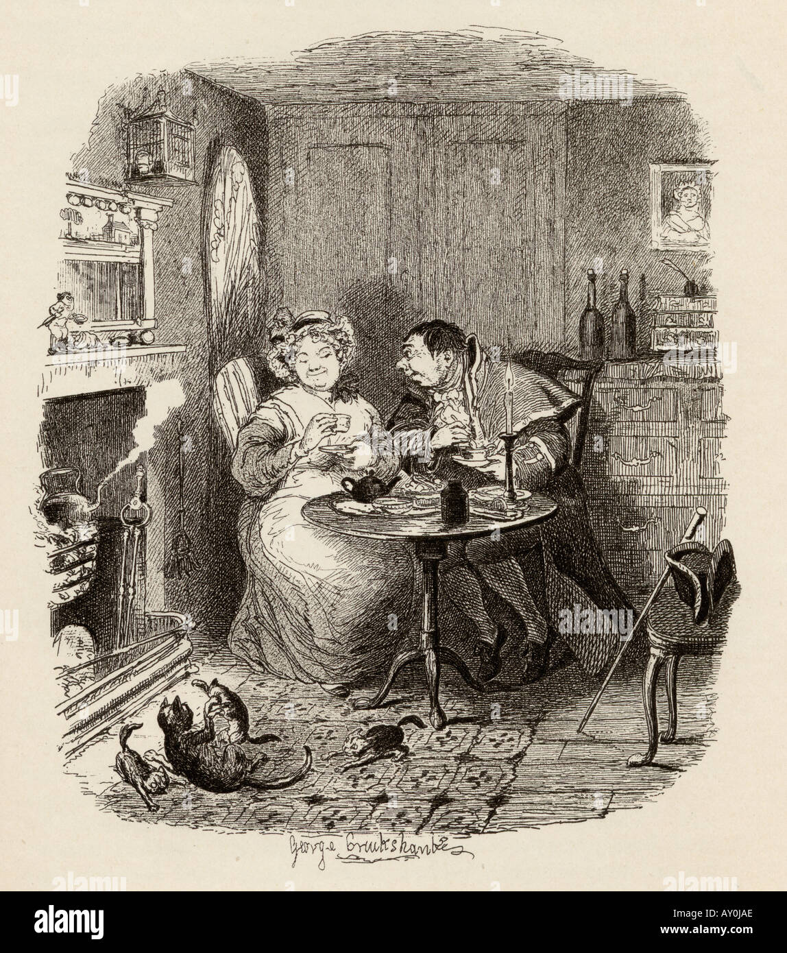 Mr Bumble and Mrs Corney taking tea. From the book The Adventures of Oliver Twist Stock Photo