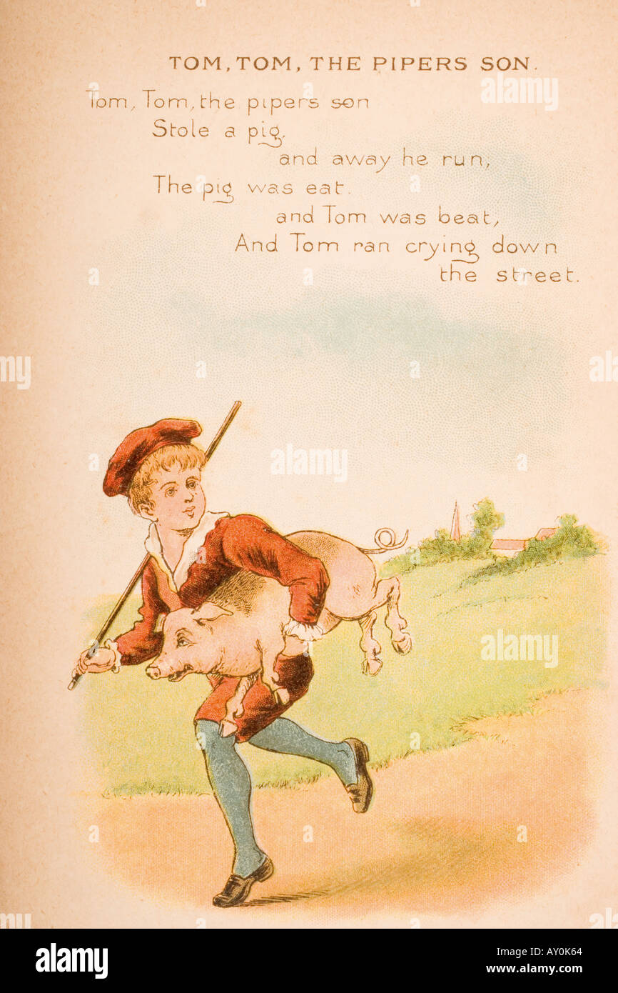 Nursery rhyme and illustration of Tom Tom the Piper's Son from Old Mother Goose's Rhymes and Tales. Stock Photo