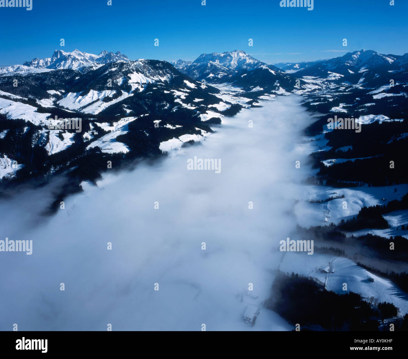 Cloud covered valley in Austrian Tyrol Stock Photo