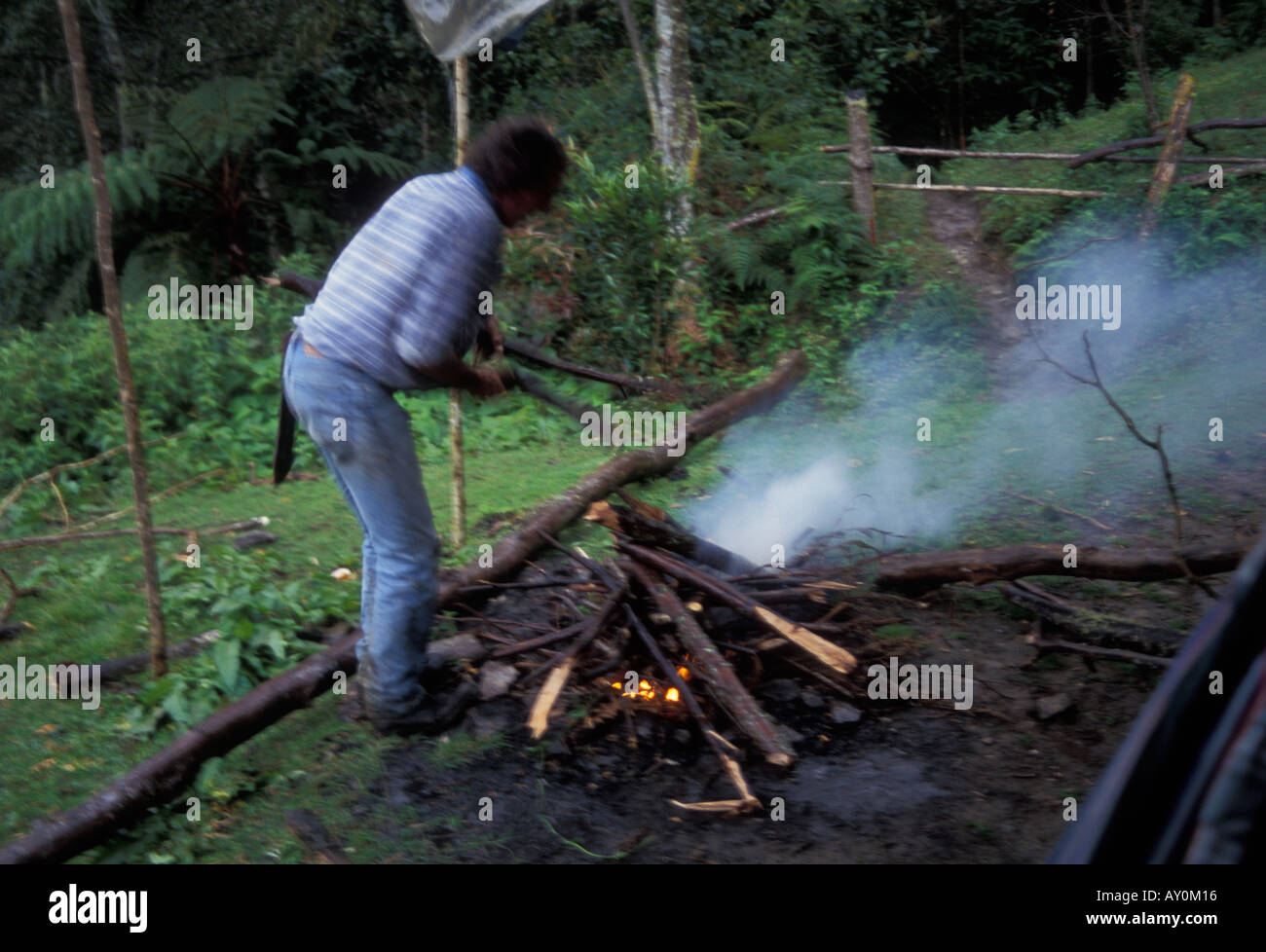 Making log fire in the rain in the mountains in south Ecuador Stock Photo