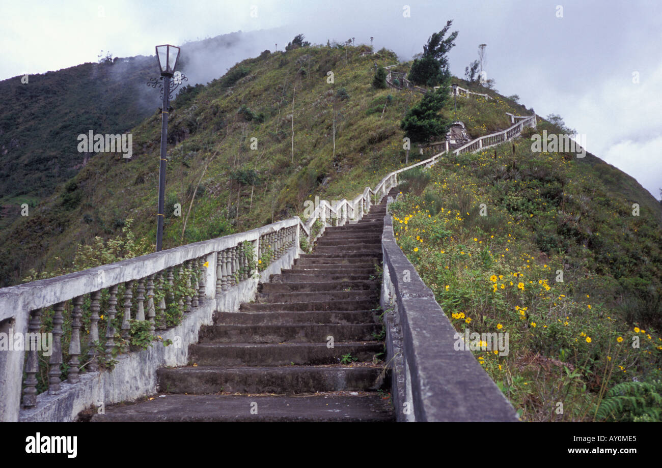 Stairs leading to the Statue of Virgin on the Hill of the Virgin in Banos Stock Photo