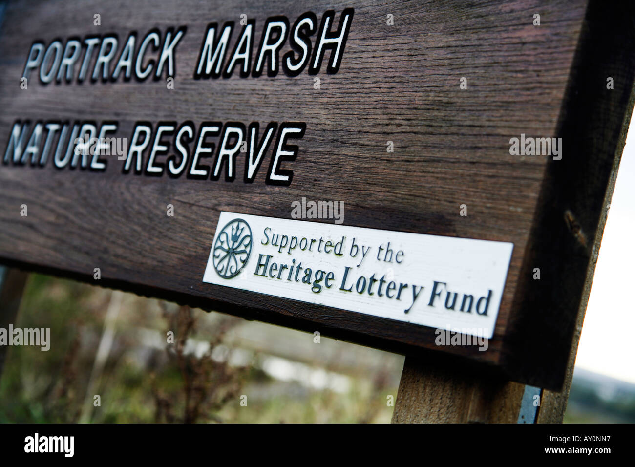 Portrack Marsh Nature Reserve Stockton on Tees England Sign indicating funding provided by the Heritage Lottery Fund Stock Photo