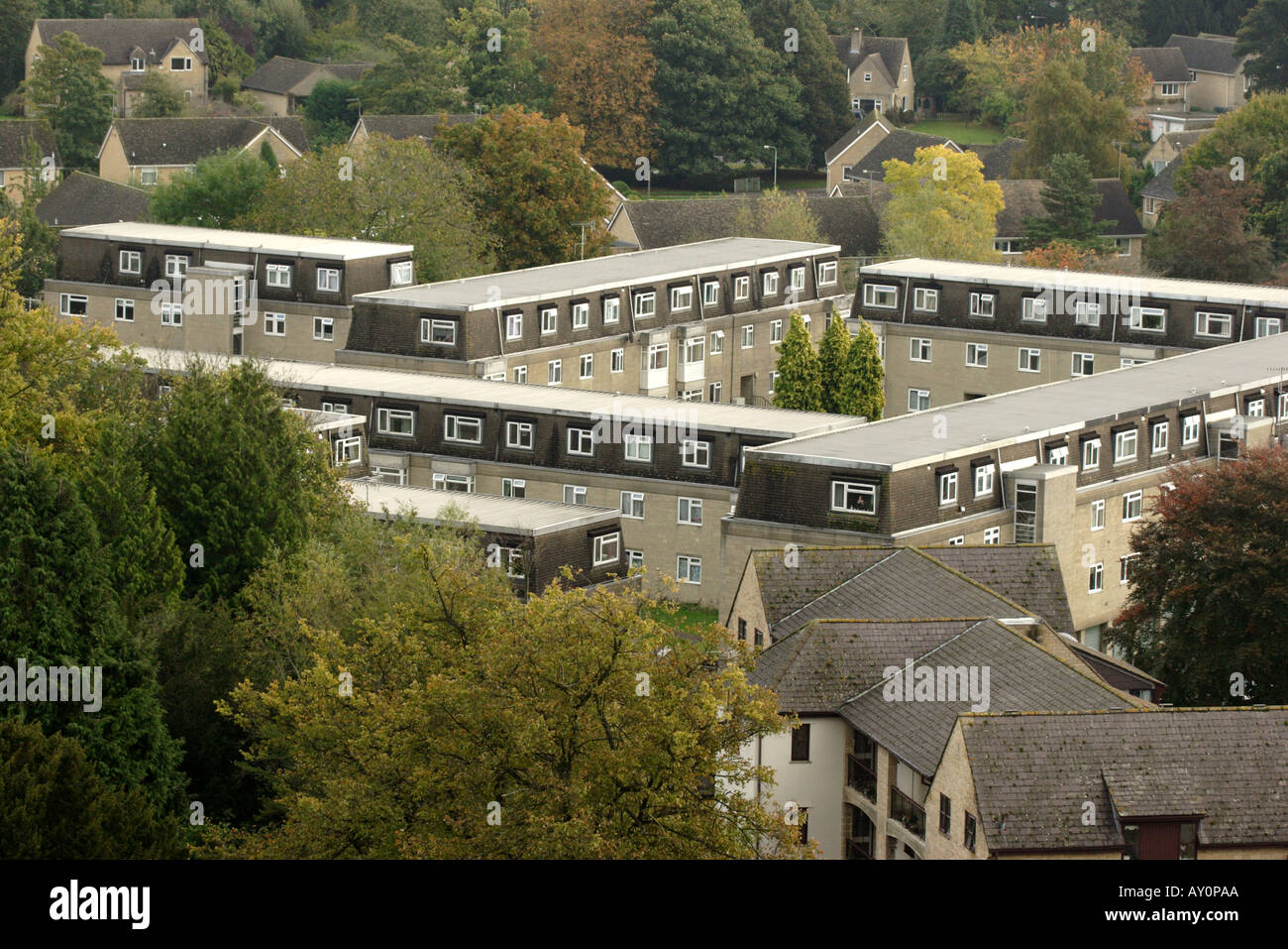 Aerial view of the town of Cirencester showing retirement flats Stock