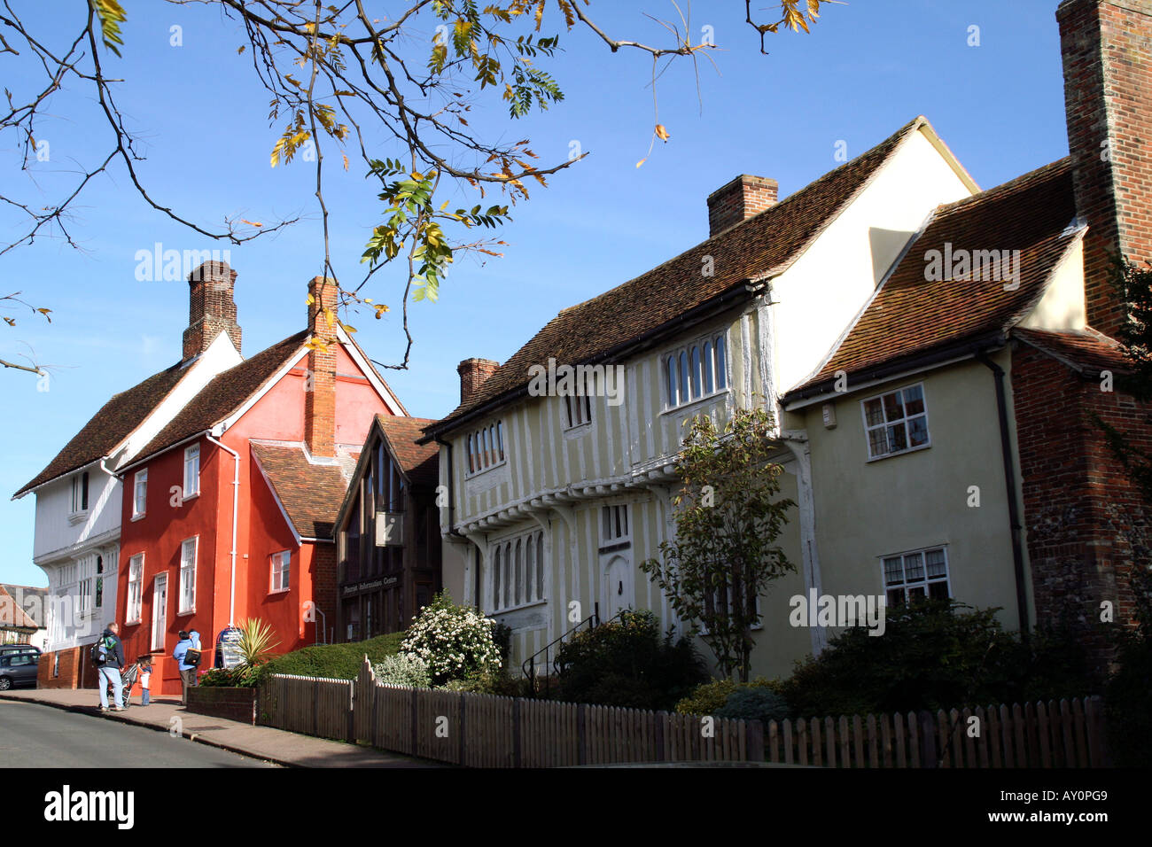 A row of Medieval Half Timbered houses in Lady Street Lavenham Suffolk