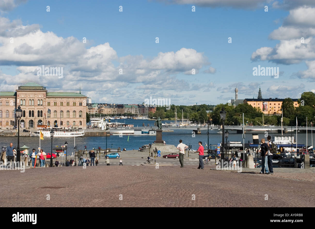 View from Slottsbacken to waterfront with National Museum in background, Stockholm, Sweden Stock Photo