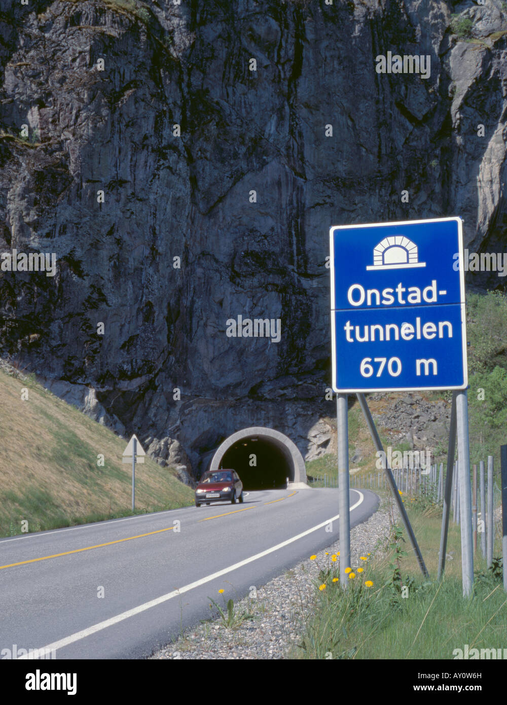 Portal of a road tunnel; Onstadtunnelen (Onstad Tunnel), near Aurland, Sogn og Fjordane, Norway. Stock Photo
