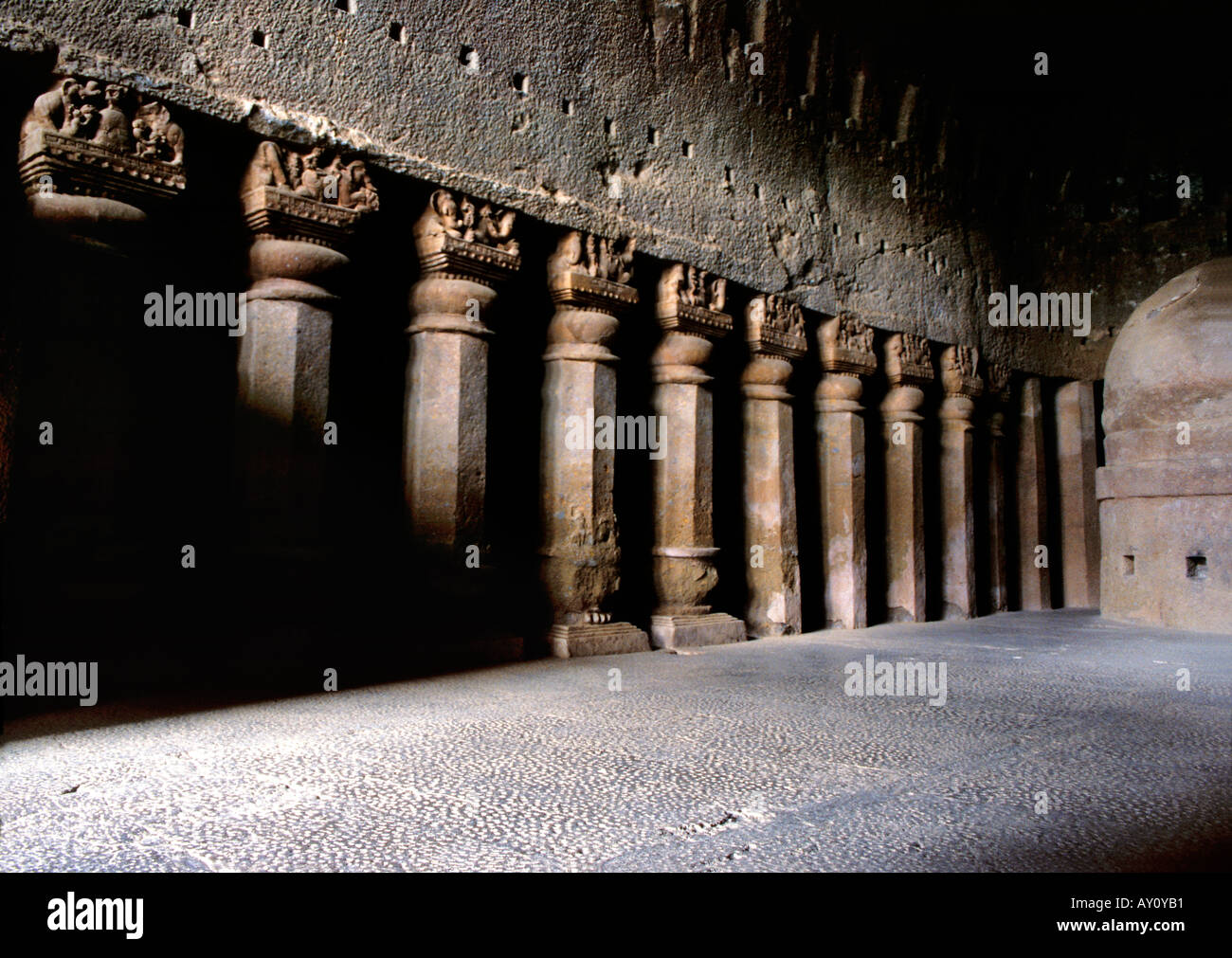 Interior of congregation hall in Buddhist cave Borivali, India Stock Photo