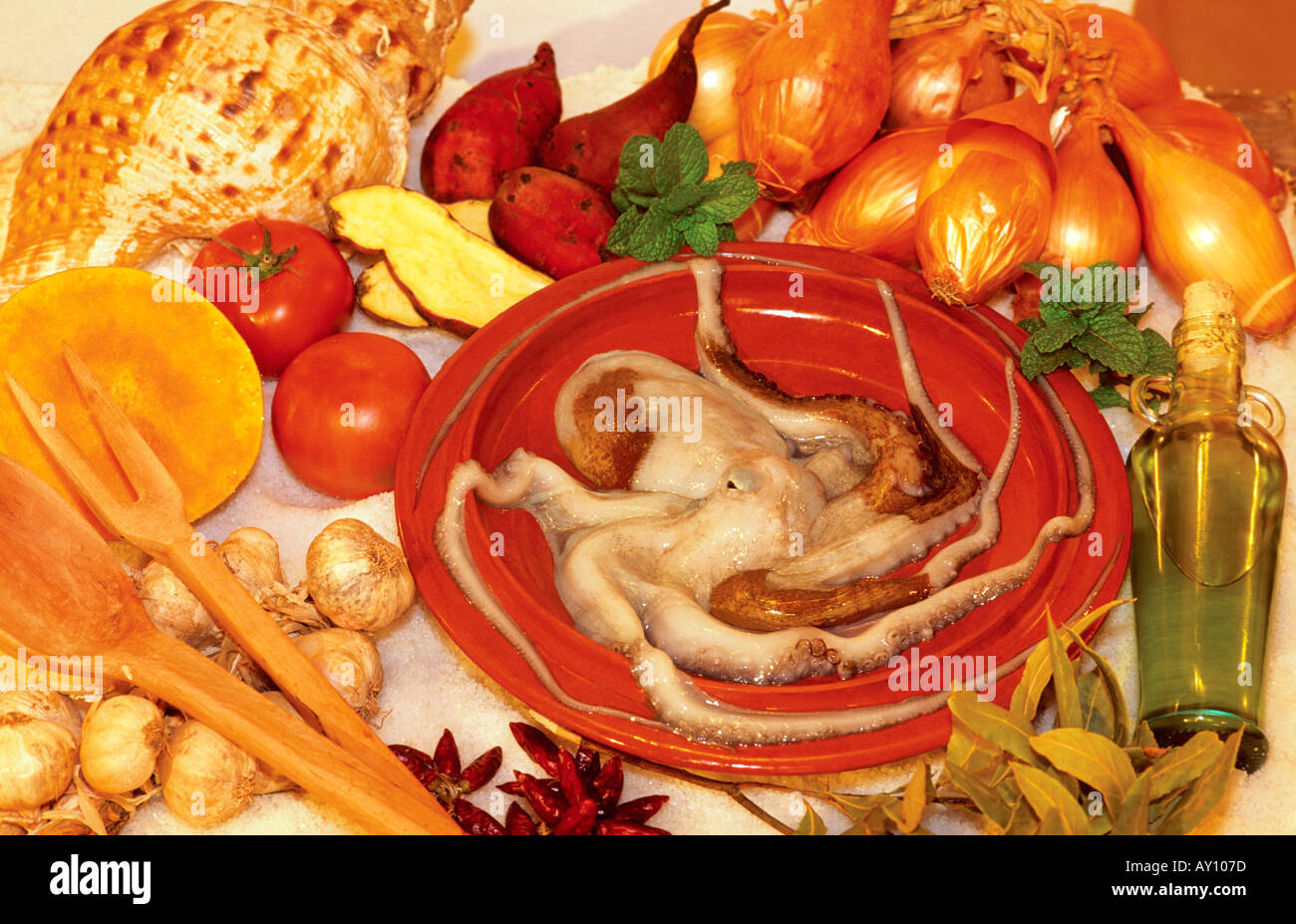 Ingredients for Octopus Cataplana created by Jose Pinheiro owner of the restaurant Eira do Mel Vila do Bispo Costa Vicentina Stock Photo